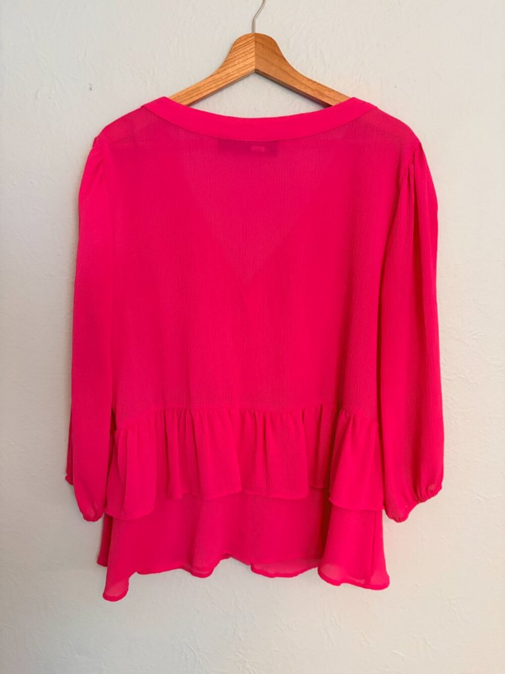 Hot Pink Peplum Blouse Womens L Sheer Long Sleeve Button Top Barbiecore Workwear - Picture 2 of 12